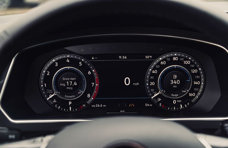A photo of the digital gauge cluster in the 2018 VW Tiguan.