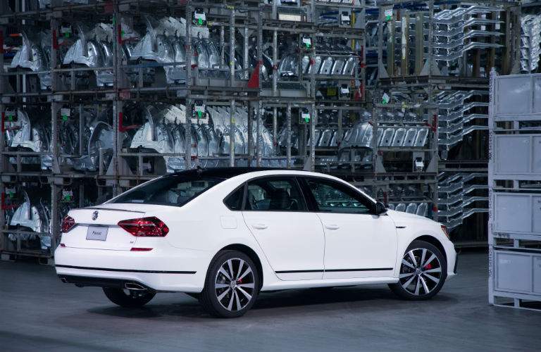 A rear right quarter images of a 2018 VW Passa GT in the factory