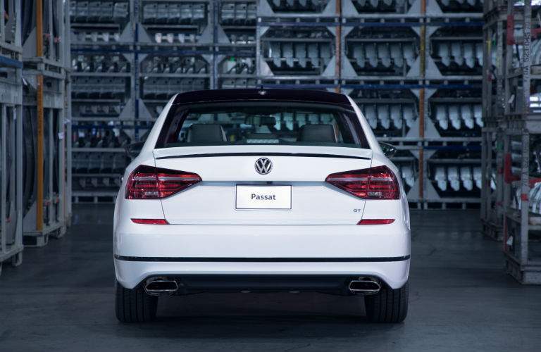 A rear view of the 2018 Passat showing the large trunk lid which makes loading easier