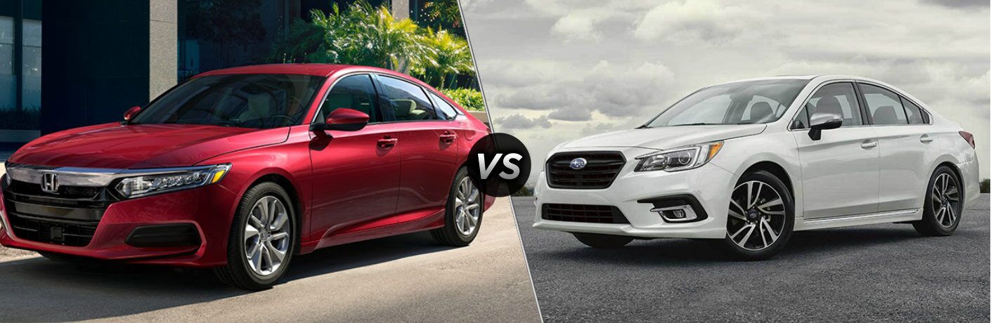 Red 2019 Honda Accord and white 2019 Subaru Legacy side by side