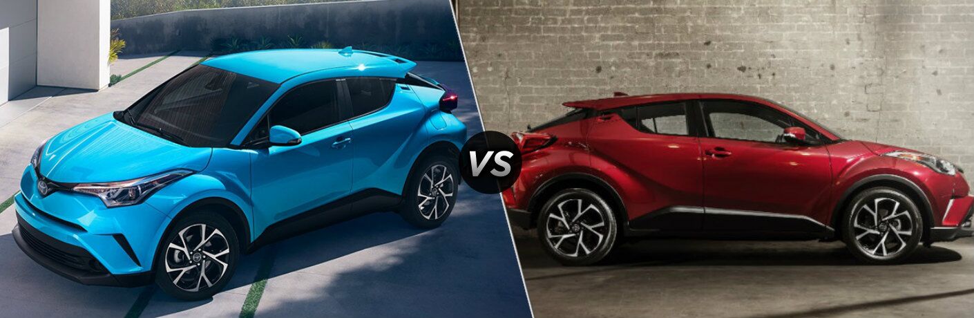 Blue 2019 Toyota C-HR and red 2018 Toyota C-HR side by side