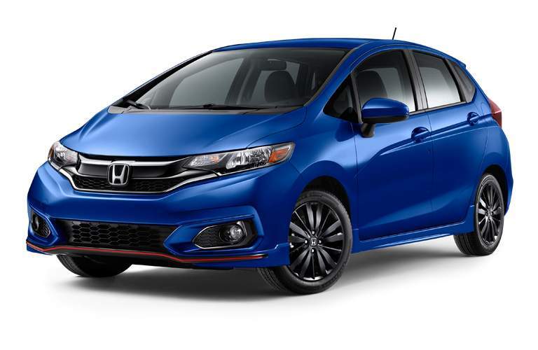 front view of a blue 2018 Honda Fit Sport on a white background