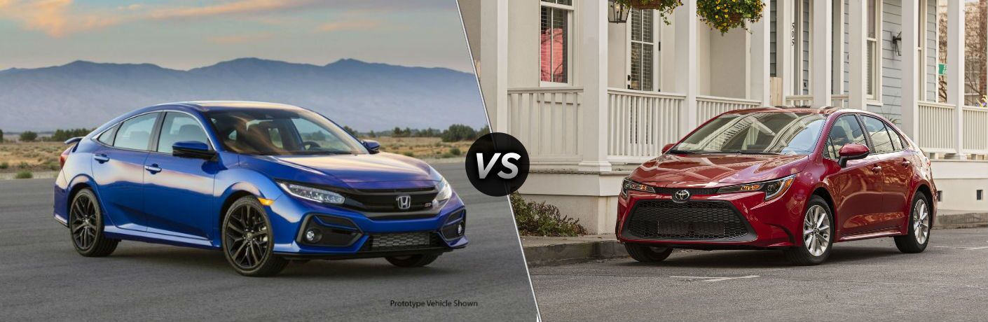 2020 Honda Civic Si sedan exterior front fascia and passenger side in front of mountains vs 2020 Toyota Corolla exterior front fascia and driver side parked on street in front of house