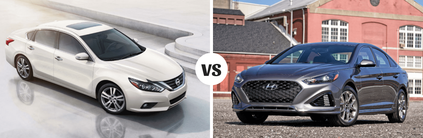 Comparison image of a white 2018 Nissan Altima and a gray 2018 Hyundai Sonata