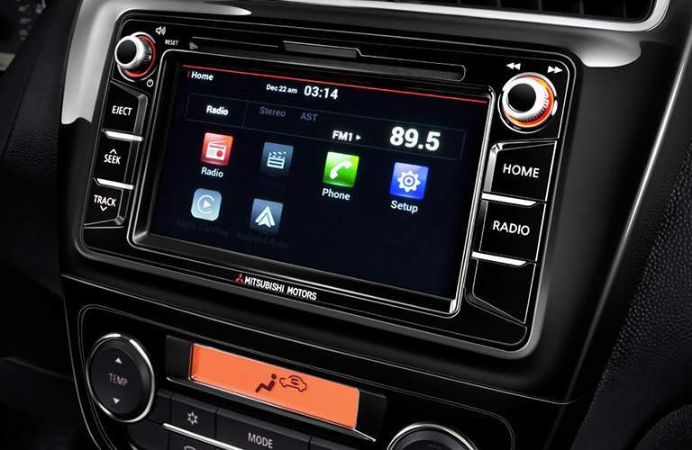 A close up photo of the touchscreen interface for the 2018 Mitsubishi Mirage