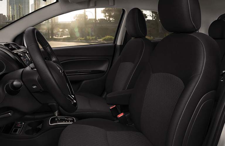 A view of the front seats of the 2018 Mirage with black upholstery