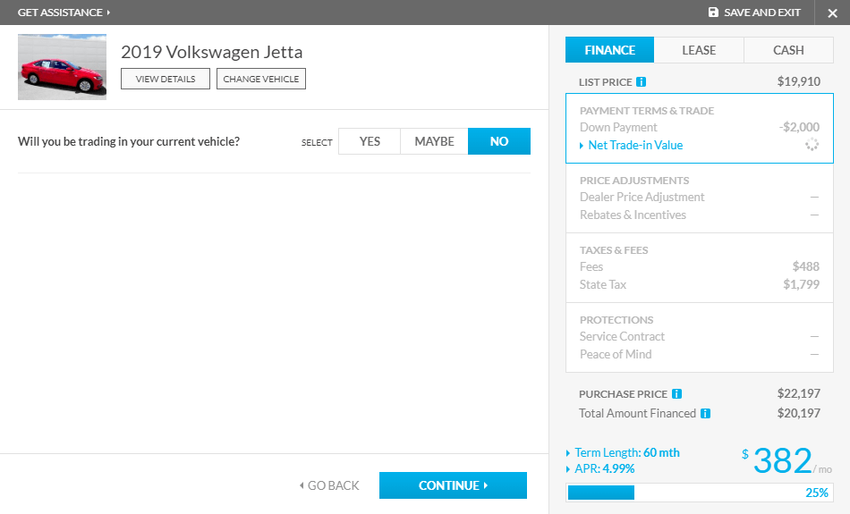 Screenshot of the Trade-In Page for the PrecisePrice™ tool