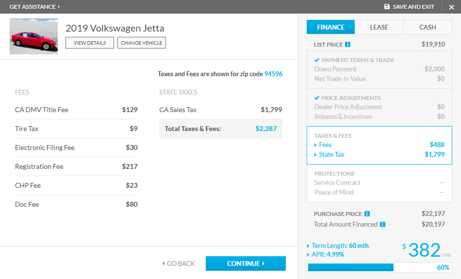 Screenshot of the Taxes and Fees Page for the PrecisePrice™ tool