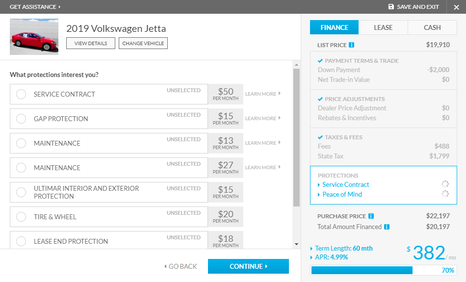Screenshot of the Available Protections Page for the PrecisePrice™ tool