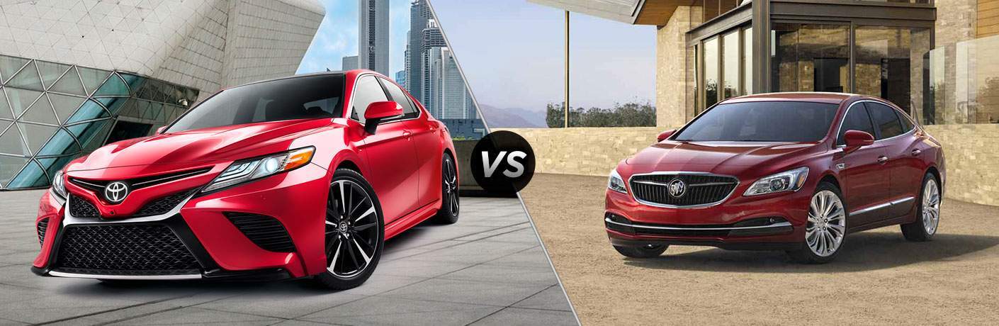2018 Toyota Camry next to 2018 Buick Lacrosse with a "Vs" Between them.