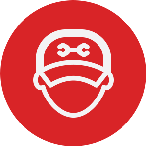 A red circle icon with a white outline of a person wearing a hat.