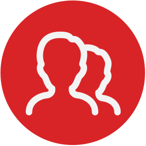 A red circle icon with a white outline of two people.