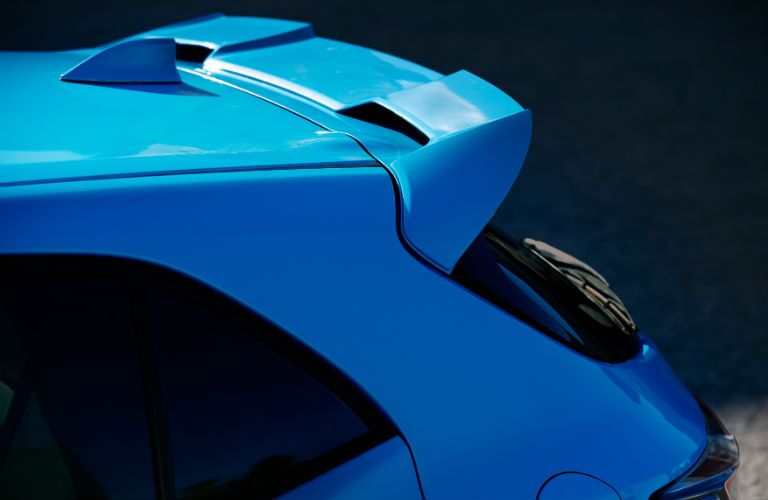 A photo of the integrated rear spoiler on the 2019 Toyota Corolla Hatchback.