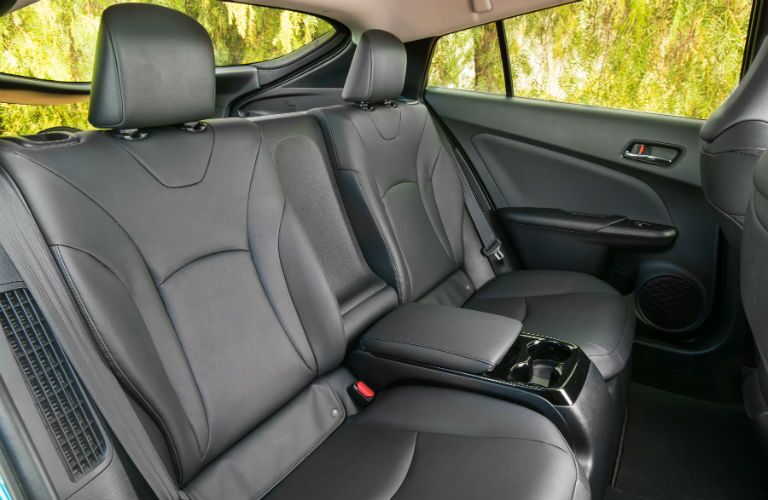 An interior photo of the rear seats in the 2018 Toyota Prius Prime.