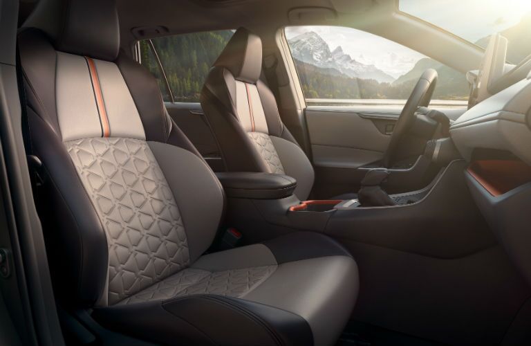 Another photo of the front seats of the 2019 RAV4 with a different upholstery pattern.