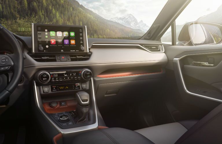 Another photo of the new infotainment system and passenger side dashboard in the 2019 RAV4.