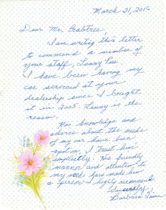 Barbara Quinn Thank You Letter Colonial Toyota