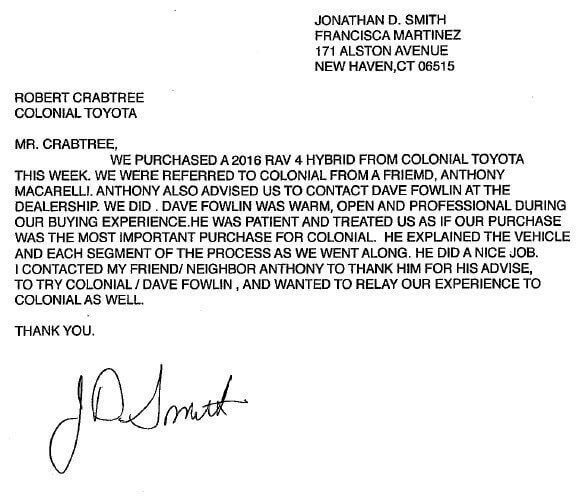 Jonathan Smith Thank You Letter Colonial Toyota