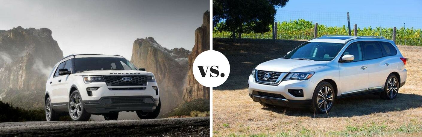 White 2018 Ford Explorer and 2018 Nissan Pathfinder models parked next to each other in comparison image