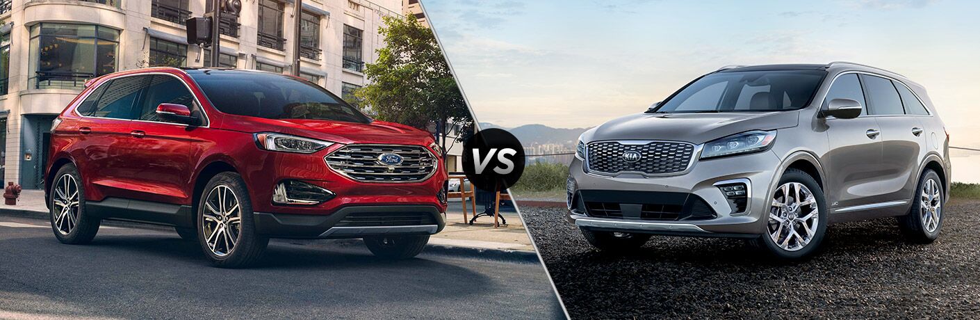 Red Ford Edge and Silver Kia Sorento in comparison