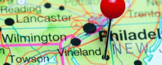 Vineland New Jersey pinned on a map near philadelphia, lancaster, and more cities
