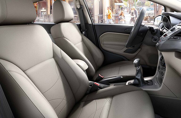 side view of front interior of 2019 ford fiesta including seats and center console
