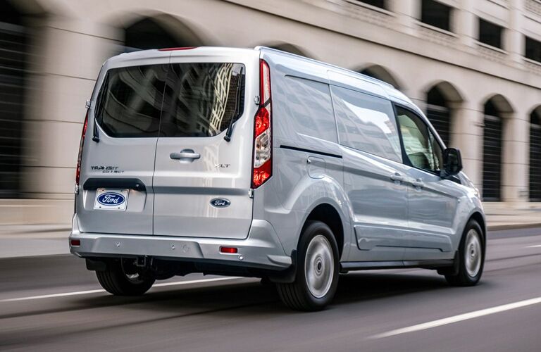 rear and side view of silver 2019 ford transit connect cargo van