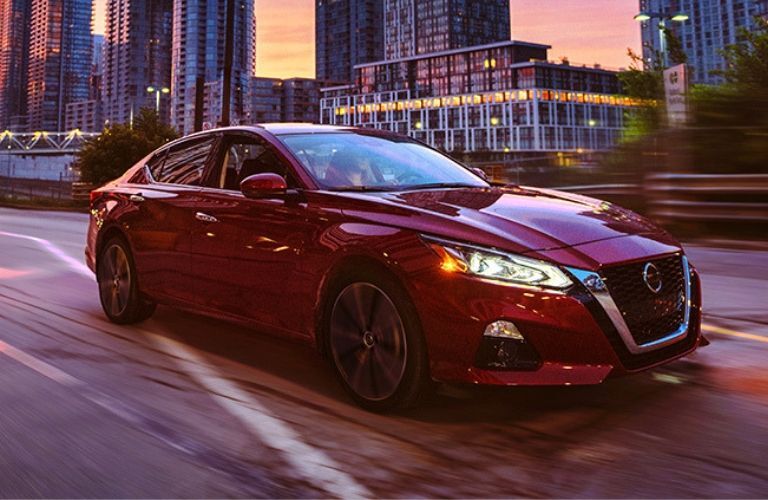 Exterior view of the front of a red 2019 Nissan Altima