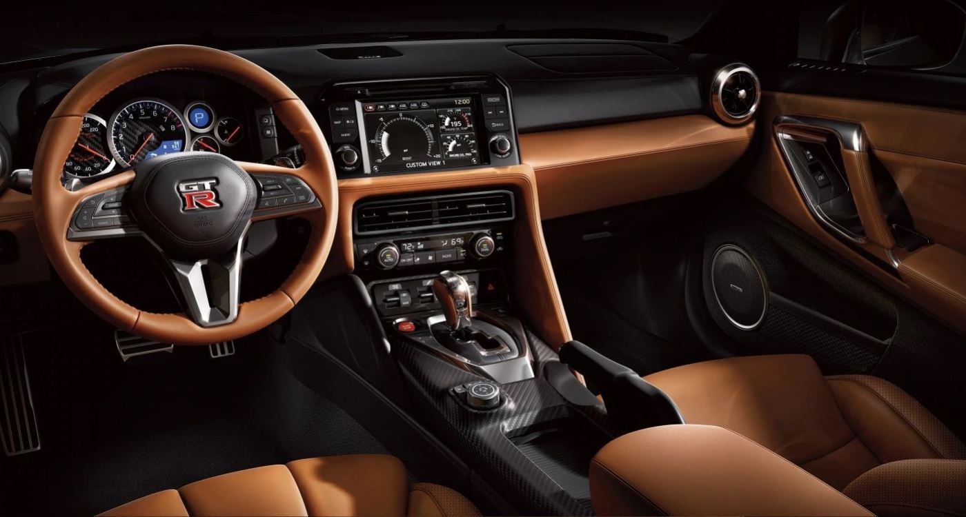 Interior view of the front seating area inside a 2019 Nissan GT-R