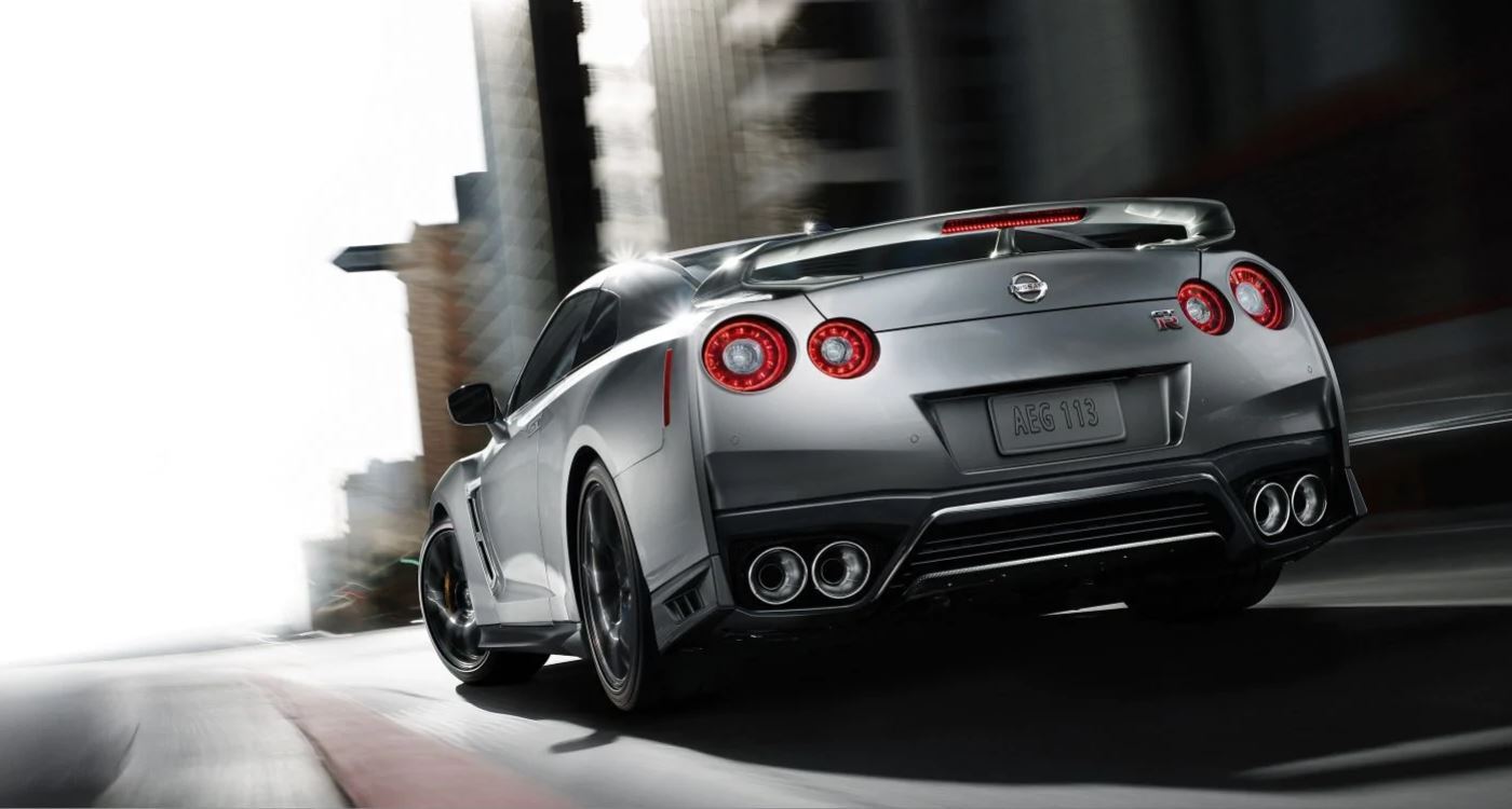 Exterior view of the rear of a gray 2019 Nissan GT-R