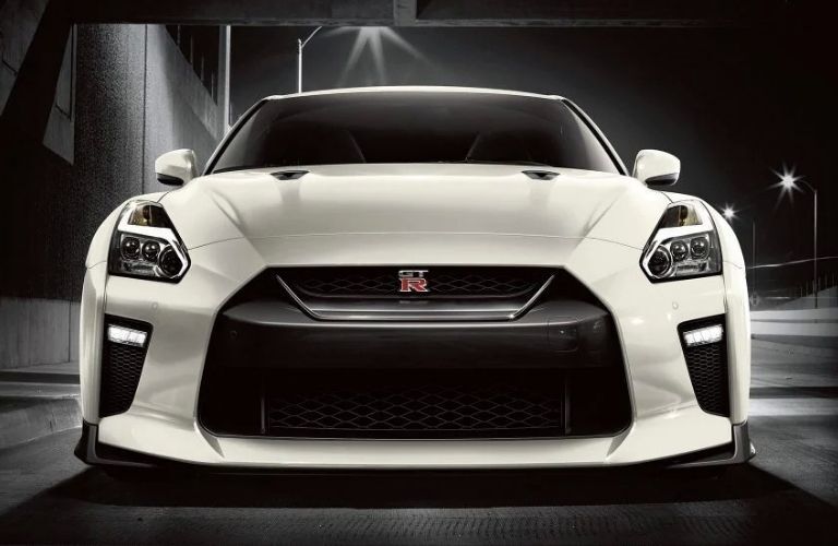 Exterior view of the front of a white 2019 Nissan GT-R