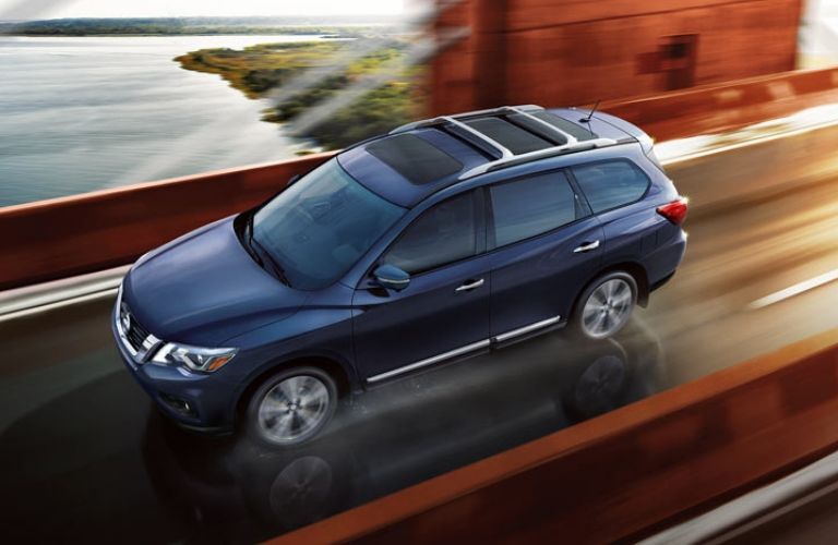 Exterior view of a blue 2019 Nissan Pathfinder
