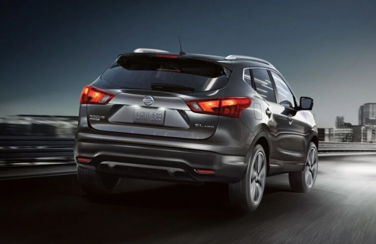 Exterior view of the rear of a gray 2019 Nissan Rogue Sport