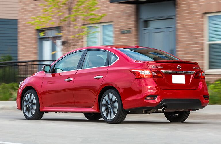 Exterior view of the rear of a red 2019 Nissan Sentra
