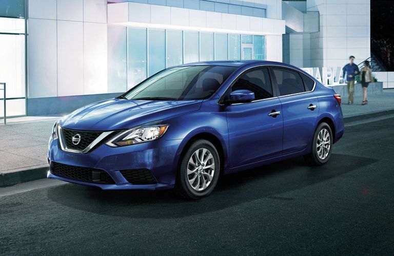 Exterior view of the front of a blue 2019 Nissan Sentra