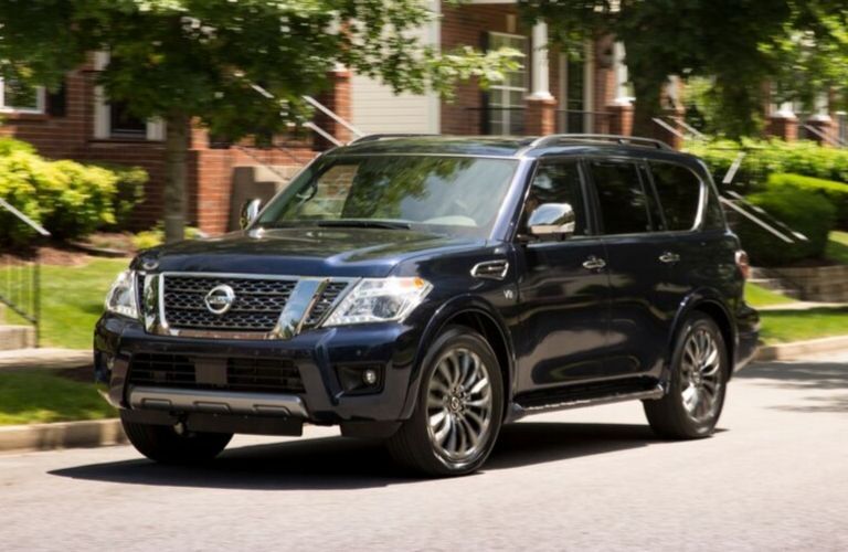Exterior view of the front of a blue 2020 Nissan Armada
