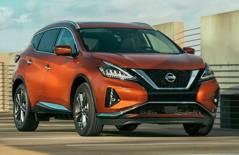 Exterior view of the front of an orange 2020 Nissan Murano