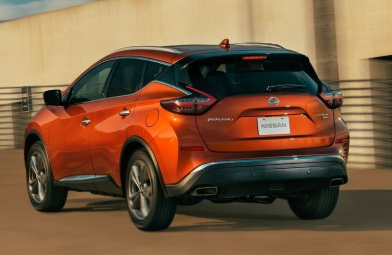 Exterior view of the rear of an orange 2020 Nissan Murano