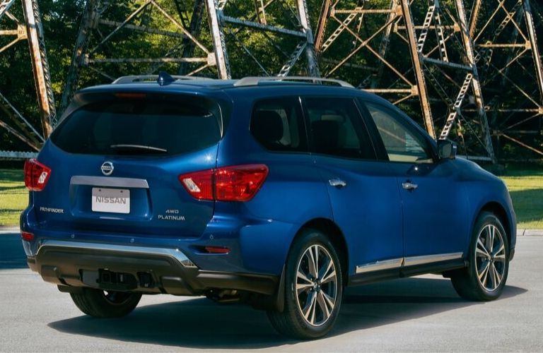 Exterior view of the rear of a blue 2020 Nissan Pathfinder