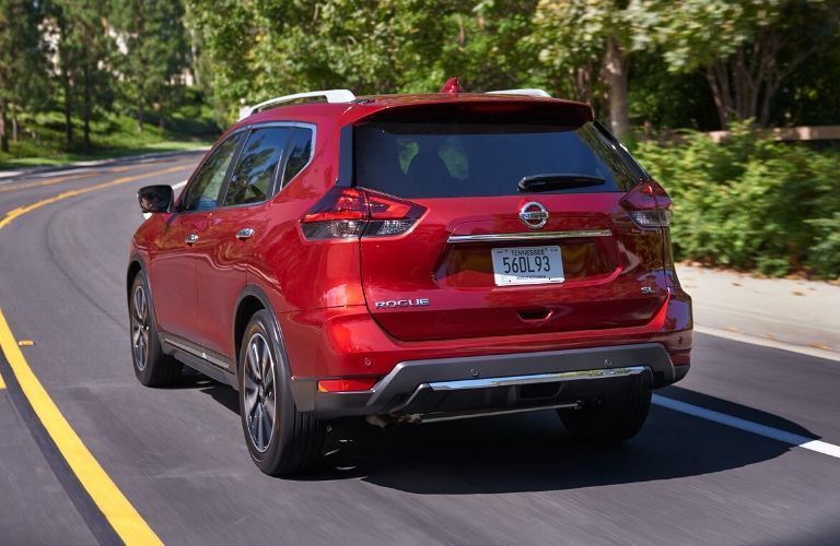 Exterior view of the rear of a red 2020 Nissan Rogue