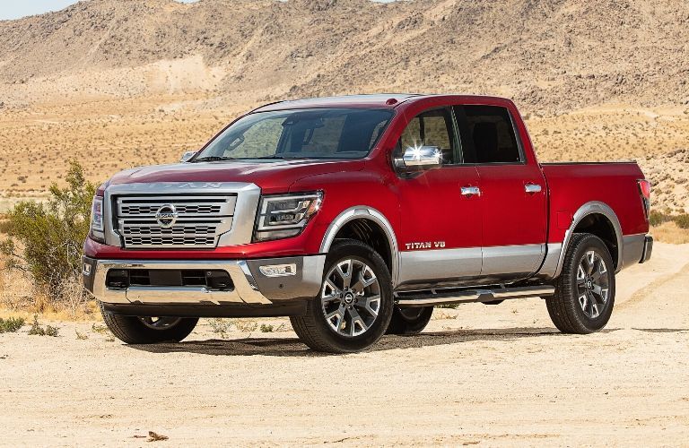 Exterior view of the front of a red 2020 Nissan TITAN