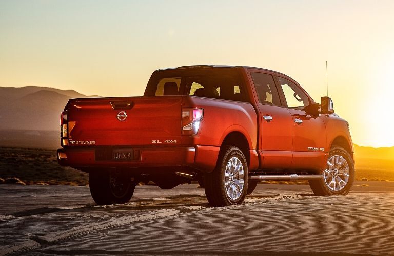 Exterior view of the rear of a red 2020 Nissan TITAN