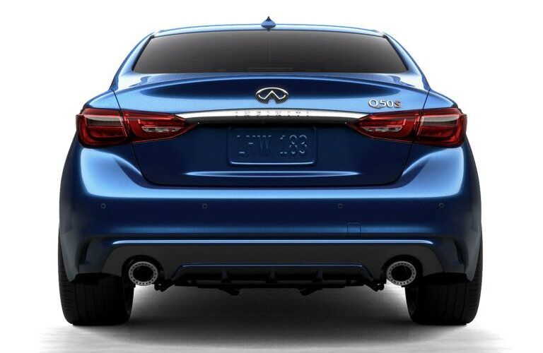 Exterior view of the rear of a blue 2019 INFINITI Q50 placed against a blank white background