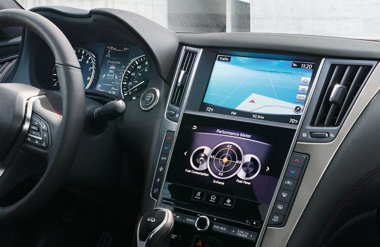 Interior view of the Dual Display navigation system inside a 2019 INFINITI Q50