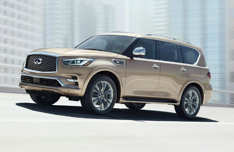 Exterior view of a beige 2019 INFINITI QX80