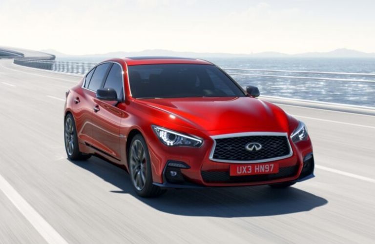 Exterior view of the front of a red 2020 INFINITI Q50
