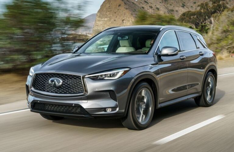 Exterior view of the front of a gray 2020 INFINITI QX50