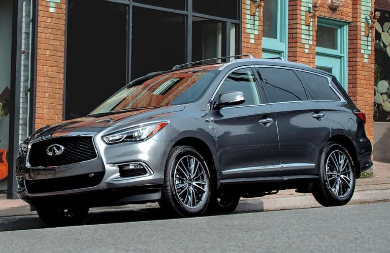 Exterior view of the front of a gray 2020 INFINITI QX60