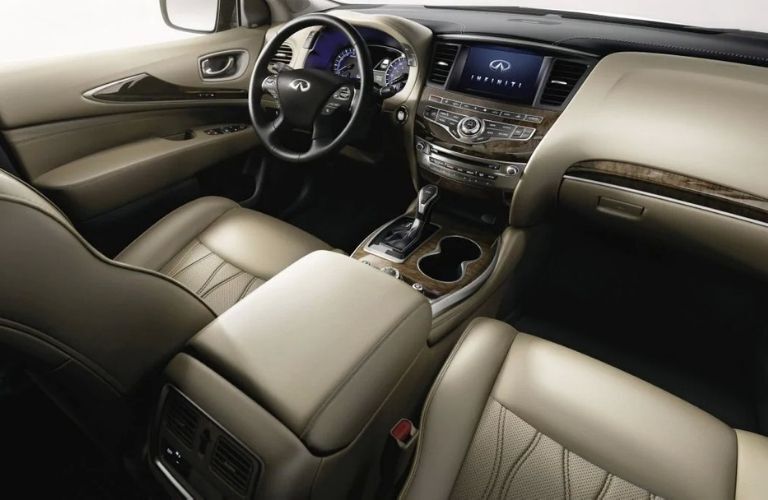 Interior view of the front seating area inside a 2020 INFINITI QX60