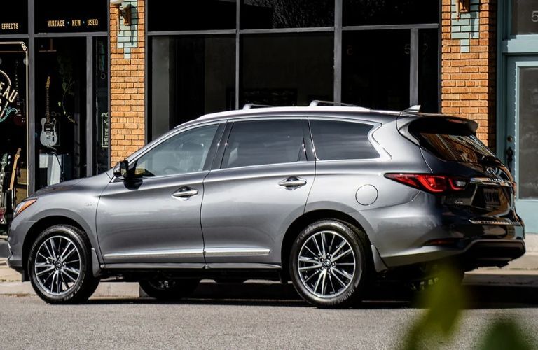 Exterior view of the passenger's side on a gray 2020 INFINITI QX60